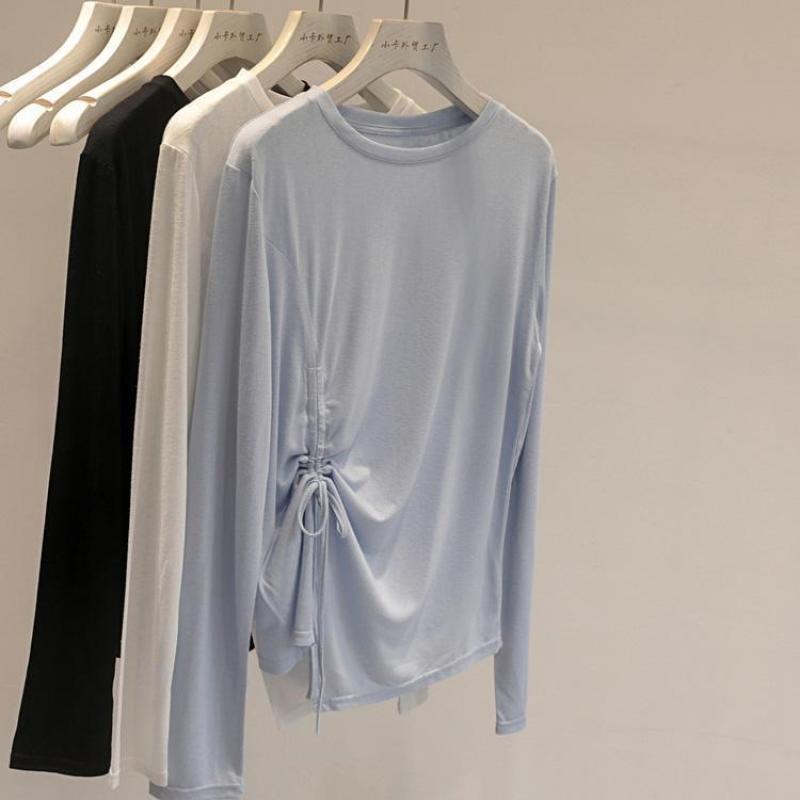 Korean little sister! Lightweight Cool Slub Cotton Drawstring Long-sleeved T-shirt Women's Trendy Simple Solid Color Sunscreen Blouse