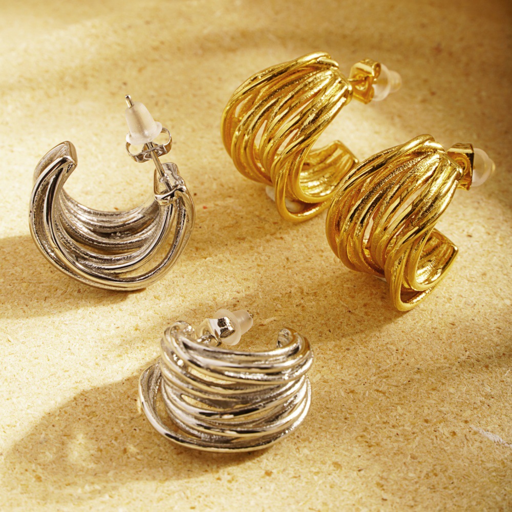 New French Retro High-End Geometric C-Shaped Line Earrings, Stainless Steel Multi-Strand Luxurious Women's Stud Earrings