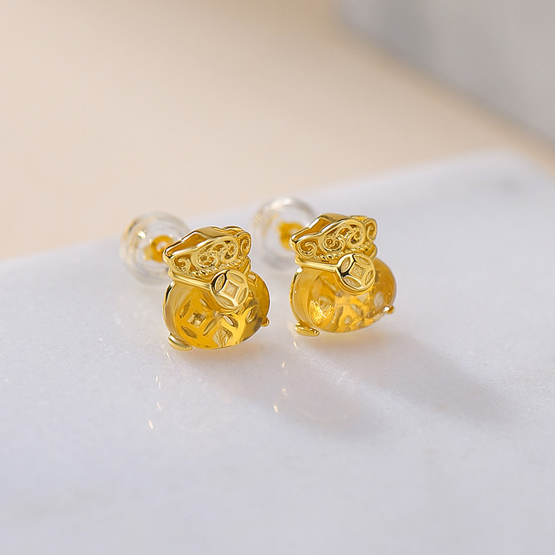 Bông tai bạc S925 đá tự nhiên hình túi tiền may mắn — Mô hình Citrine