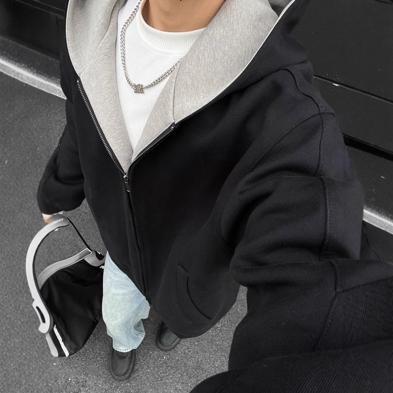 双拉链开衫卫衣男款春秋高级感廓形美式高街重磅硬挺潮牌连帽外套|undefined