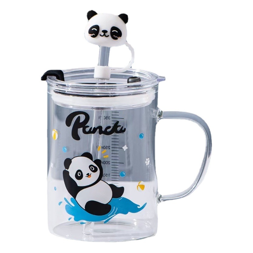Creativo Panda de la historieta personalizada taza paja con tapa regalo escala vidrio Oficina simple beber