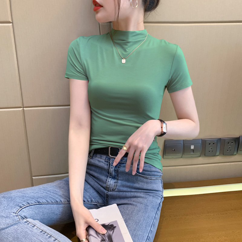 그레이 그린 하프 터틀넥 반소매