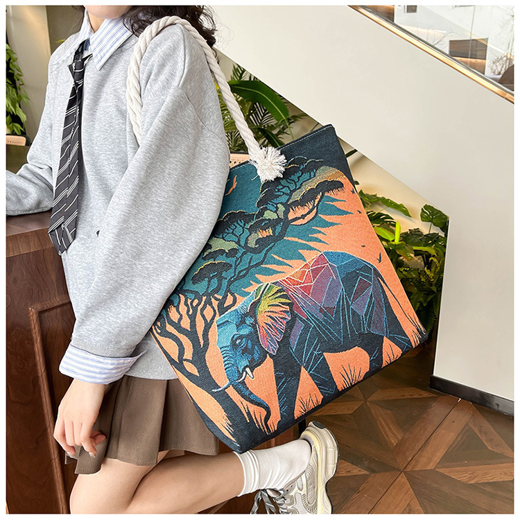 300g Weight Polyester Lining Material Zipper Closure Type Single Shoulder Strap Strap Type Tote Bag Bags Type Holiday, Travel Occasion Canvas Material Elephant Pattern All Seasons Season Women's Gender Ethnic Style, Classic Style Style Square Shape Medium Size Women's Medium Canvas Elephant Ethnic Style Classic Style Square Zipper Tote Bag 7