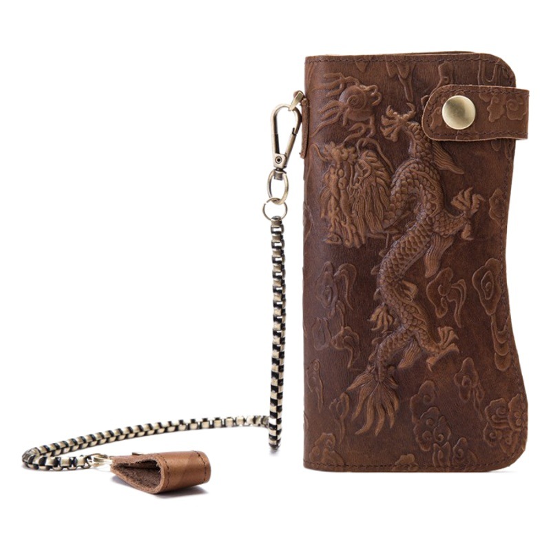 B161 billetera de cuero de cera de aceite de cadena de hierro antirrobo retro japonés patrón de dragón de presión de viento capa superior piel de vaca larga estudiante de moda