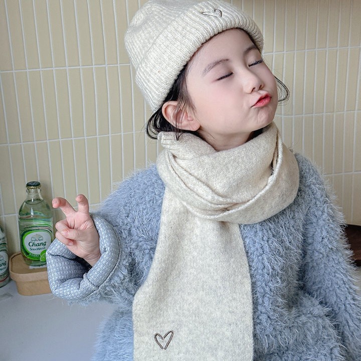 Versione coreana, berretto e sciarpa lavorati a maglia per bambini con ricamo, 2 pezzi, per ragazzi e ragazze, autunno e inverno, colore unito_voghion.com