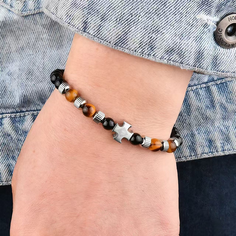 Cross-Border European and American Stainless Steel Men's Bracelet 6mm Tiger Eye Stone Obsidian Bracelet Handmade Stone Couple Bracelet