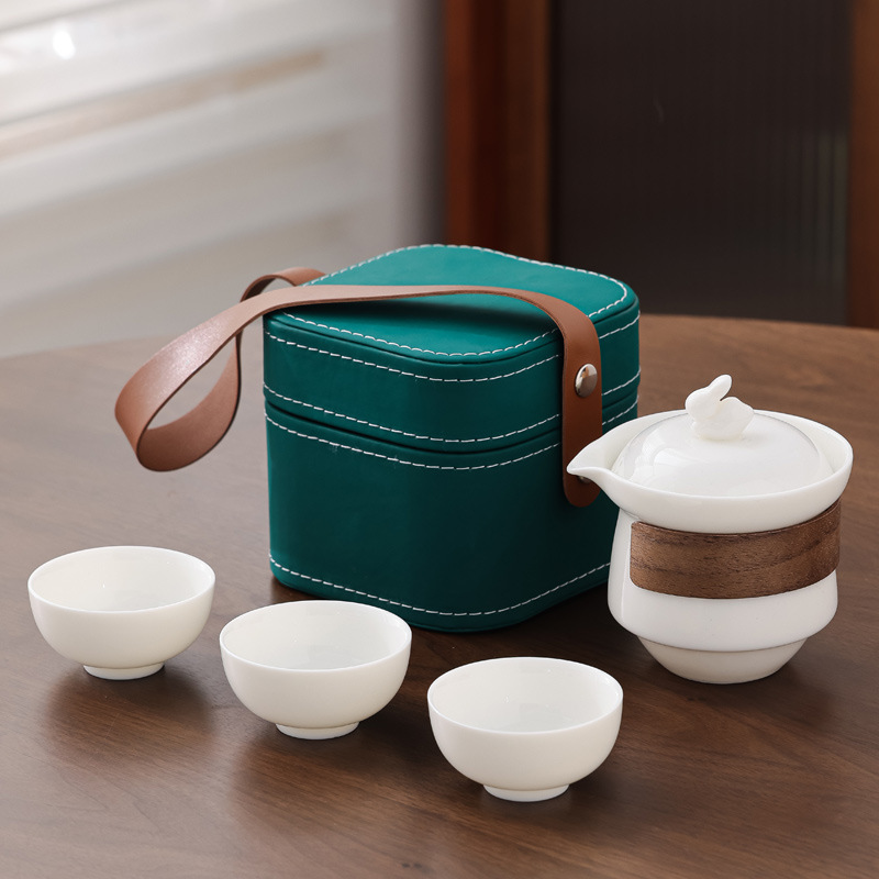 Juego de Té de Viaje Portátil de Porcelana Blanca Dehua con Taza de Cerámica