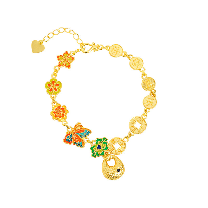 Palacio viento vietnamita pulsera de oro de arena retro paz alegría mariposa moneda de bronce goteo pulsera de aceite para mujeres no decolor joyas