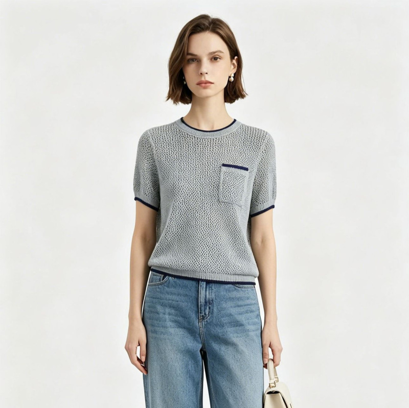Lp Same Style Women's Round Neck Wool Knit Short-Sleeve Top, Summer High-End Color-Blocking Patterned Hollow-Out T-Shirt