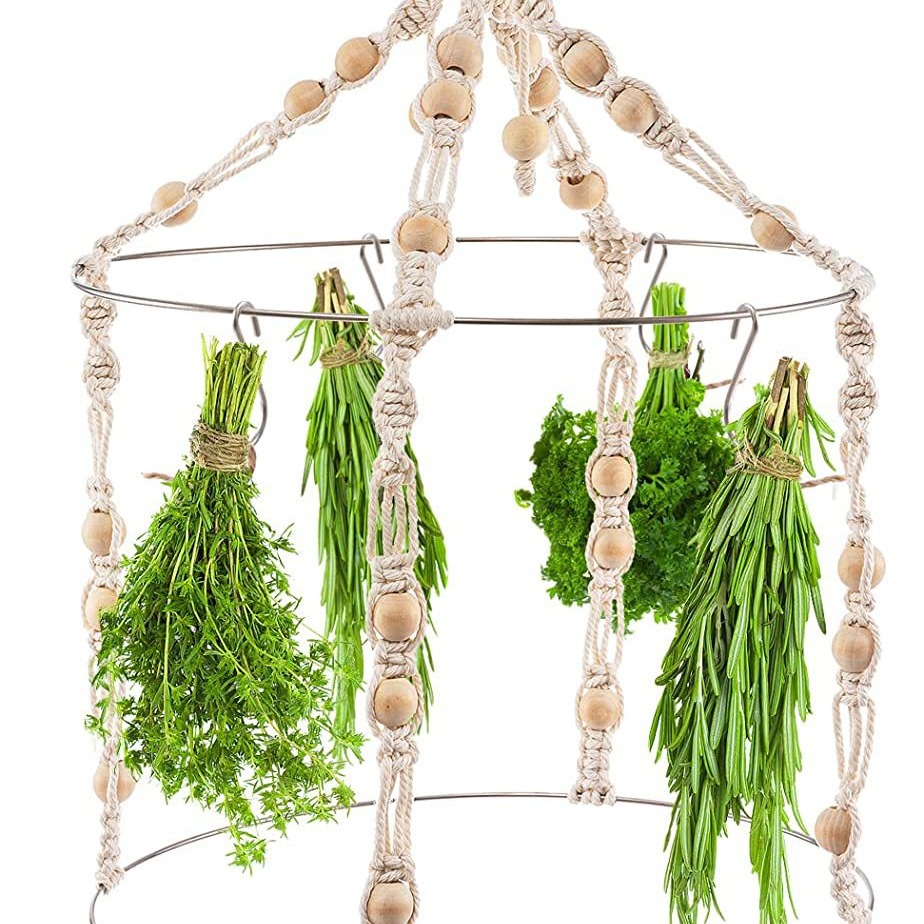 Tejido a mano para colgar hierbas especias secador de flores con cuerda de algodón anillo colgante de madera percha de hierbas estante de vainilla