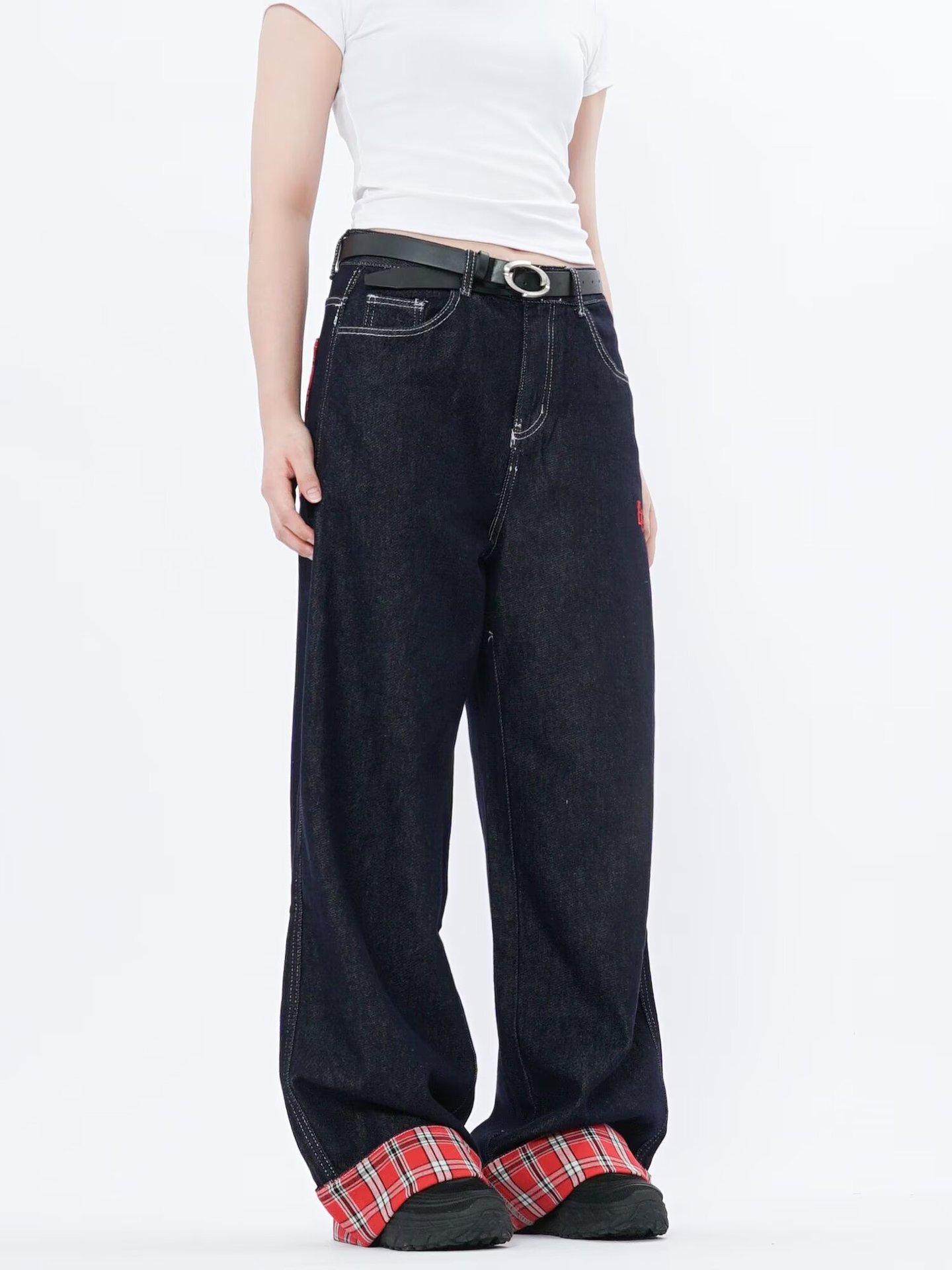 American Style Straight-Leg Rolled Hem Jeans Men Women, Spring And Autumn New Loose Patchwork Plaid Blue Pants For Men,_mkmklike.com