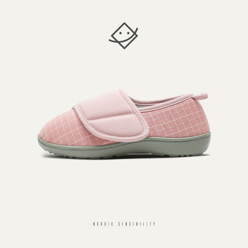 Designed for pregnant women and the elderly convenient Velcro Plaid splice bag with cotton slippers autumn and winter non-slip outdoor slippers