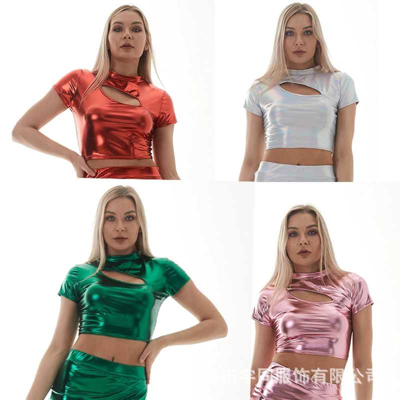 Трансграничная футболка с короткими рукавами, Женская облегающая одежда для ночного клуба с открытым пупком, сценическая одежда, платье для девочек-специй, короткий топ с воротником до локтя