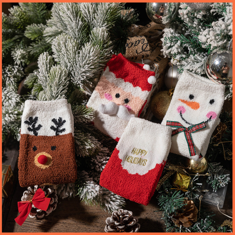 Cross-border Coral Velvet Christmas Socks Winter Velvet Thickeneded Warm Women's Socks Cute Christmas Gift Couple Floor Socks