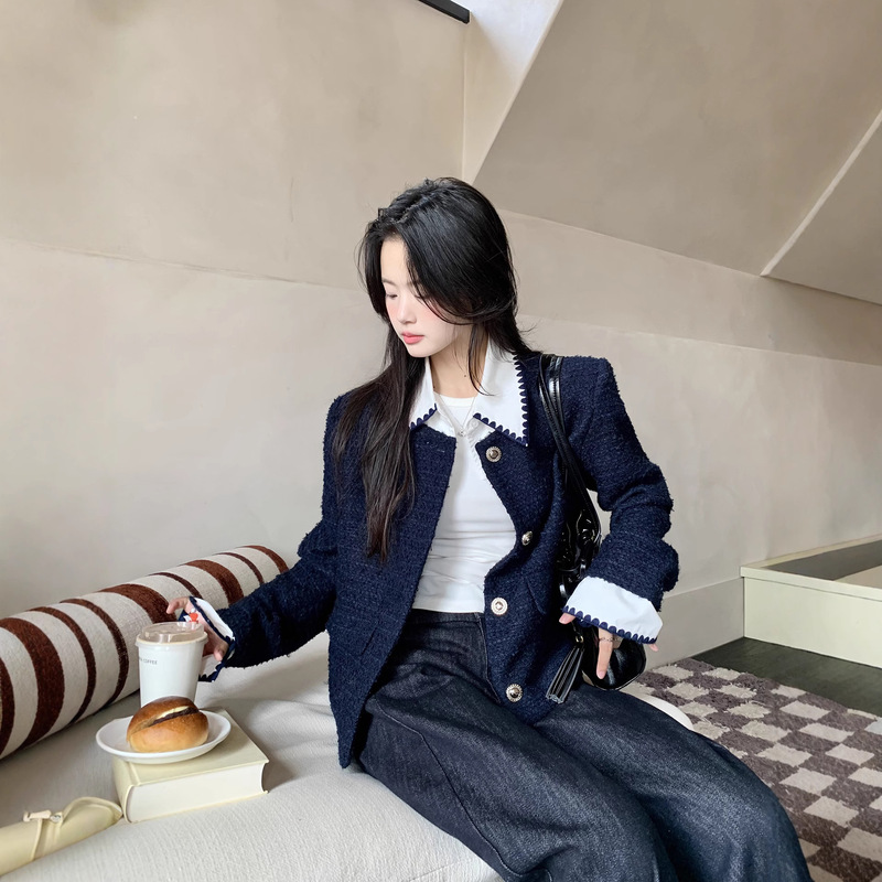 小仙倪子小香风外套女秋季超好看假两件撞色毛呢高级爆款毛呢上衣|undefined