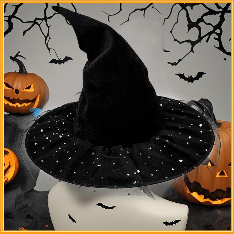 ハロウィンゴールデンベルベットパーティーゴールデンスターメッシュカーブアングルウィザードハットコスプレ衣装アクセサリー帽子|undefined
