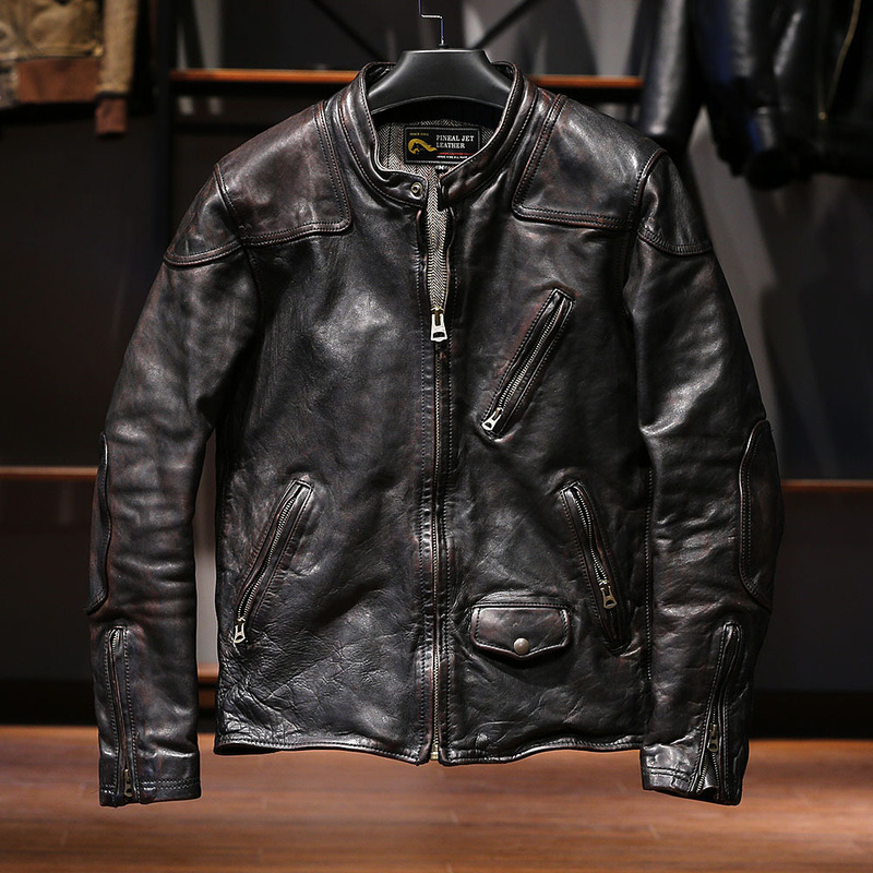 Movie Venom Horsehide Leather Jacket Men's Stand Collar Pleated Casual Ami Khaki Heavy Washed Pleated Leather Jacket Movie Venom Horsehide Leather Jacket Men's Stand Collar Pleated Casual Ami Khaki Heavy Washed Pleated Leather Jacket