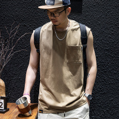 2025アメリカのレトロな袖なしのtシャツのベストの男性の夏のゆったりしたファッションのブランドの大きいサイズのカンタンな肩の百合のポケットの半袖のファッション