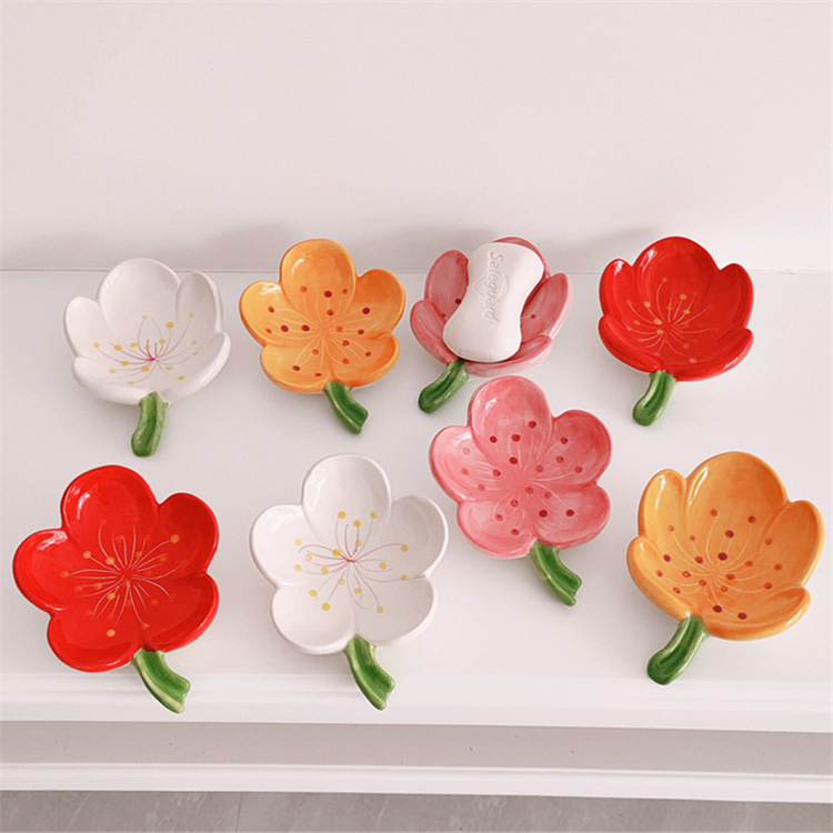 Flower Ceramic Soap Box Creative Hotel Bathroom High-end Draining Soap Dish Household Peach Blossom Soap Dish Tray