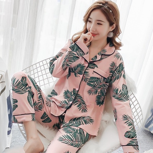 Ladies' Spring and Autumn/Winter Long Sleeve Cardigan Sets, Korean Style Cute Cartoon Two-Piece Pajamas Home Clothing