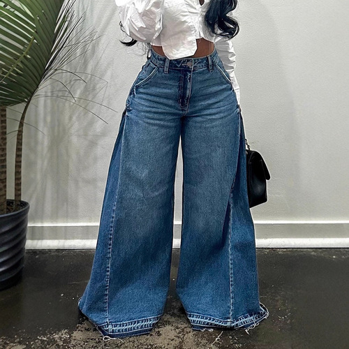 European and American cross-border American vintage imported wide-leg pants with patchwork design, trendy blue washed denim trousers, loose-fitting long pants