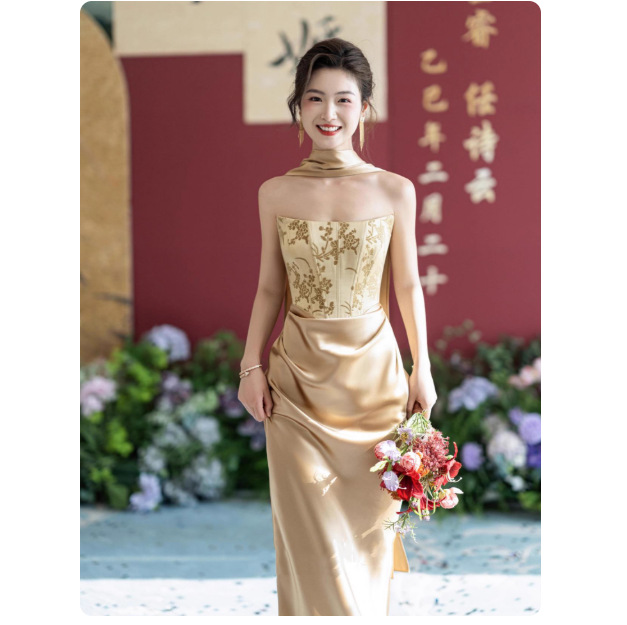 New Chinese Style Wedding Morning Robe Female Bride Golden Toast Dress Tube Top Engagement Dress Banquet Host Long Dress
