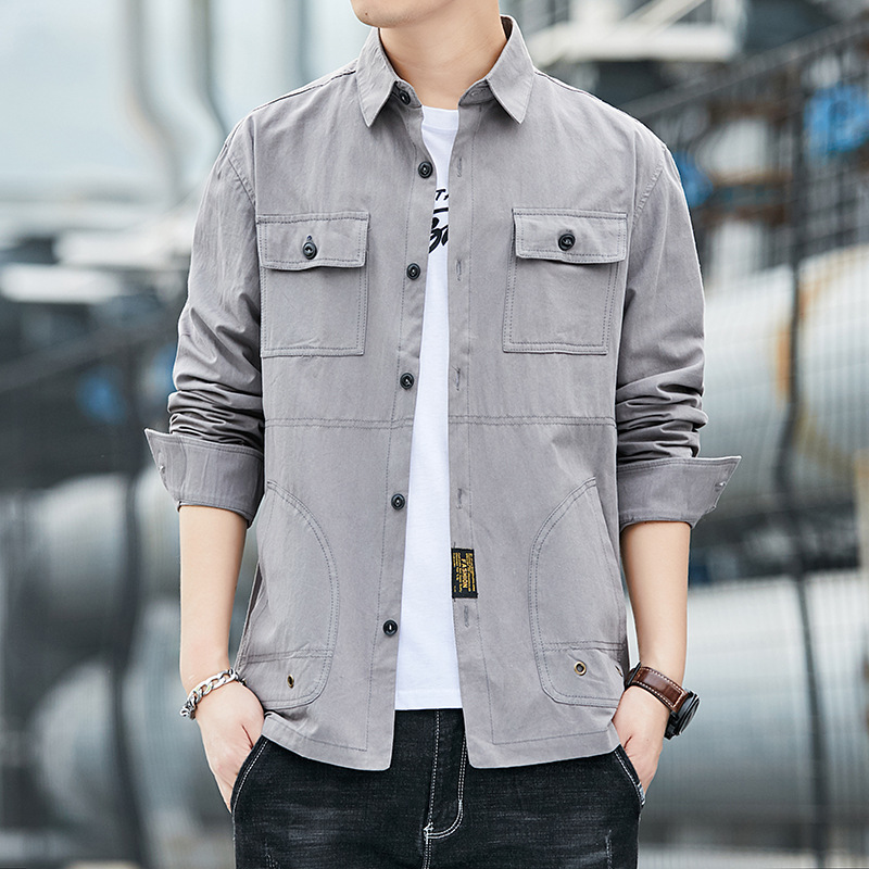 春秋季男士衬衫长袖纯色尖领灰色纯棉现货青年休闲宽松型上衣外套