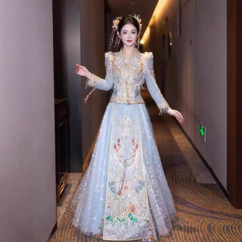 Light Color Blue Xiuhe Dress Wedding Dress 2025 New Bride Chinese Wedding Toast Dress Wedding Dress Women's Dress