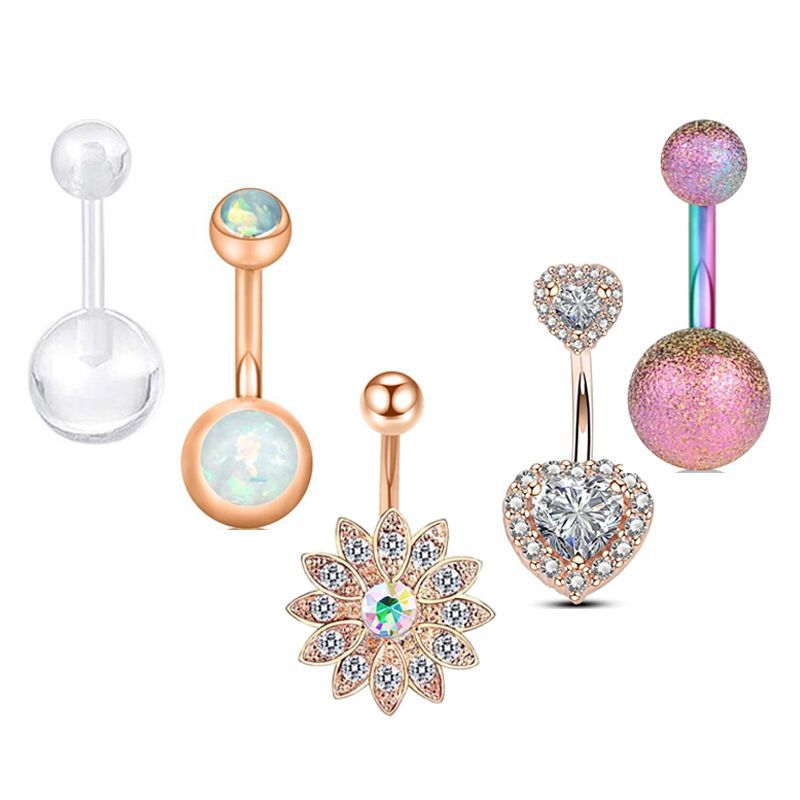 Stainless Steel Zircon Belly Ring Set - 5 Piece Navel Piercing Jewelry with Cactus Floral Design detail image 10