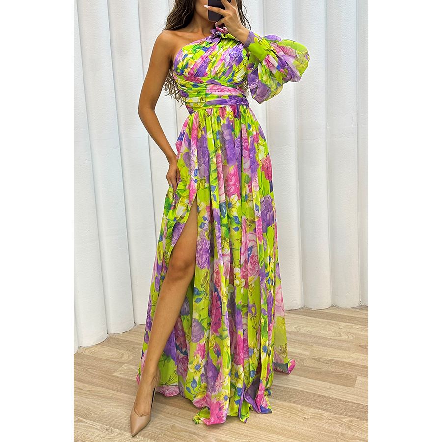 Abbigliamento donna autunno e inverno festa nuovo casual spacco vestito INS largo multicolore vestito con spalle oblique_voghion.com