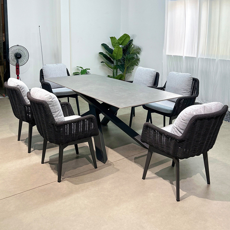 Mesa y silla de ocio al aire libre de cuerda, mesa larga de aleación de aluminio, jardín al aire libre, muebles impermeables y protectores solares