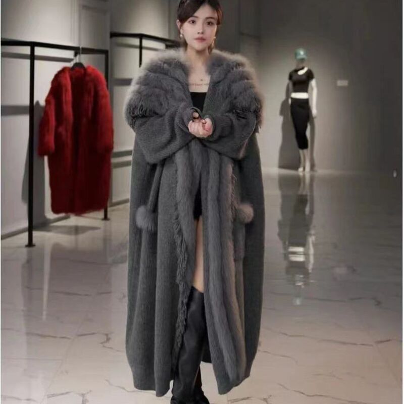 Hot-Selling Ordering Long Real Fox Fur Tassel Lazy Style Cardigan Jacket Women's Clothing Women's Knitted Cardigan Women's Clothing Hot-Selling Ordering Long Real Fox Fur Tassel Lazy Style Cardigan Jacket Women's Clothing Women's Knitted Cardigan Women's Clothing