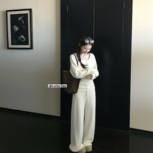 2025新款韩系米白色宽松圆领蝙蝠袖T恤女装秋冬抽绳休闲裤两件套