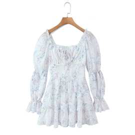 欧美风2026春季新品法式温柔浪漫绑带水墨印花木耳长袖雪纺连衣裙