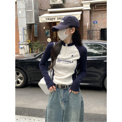 半拉链甜酷ins美式半高领长袖上衣2025秋季插肩袖T恤女刺绣打底衫