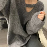 Демисезонный цветной вязаный свитер, oversize, корейский стиль, V-образный вырез