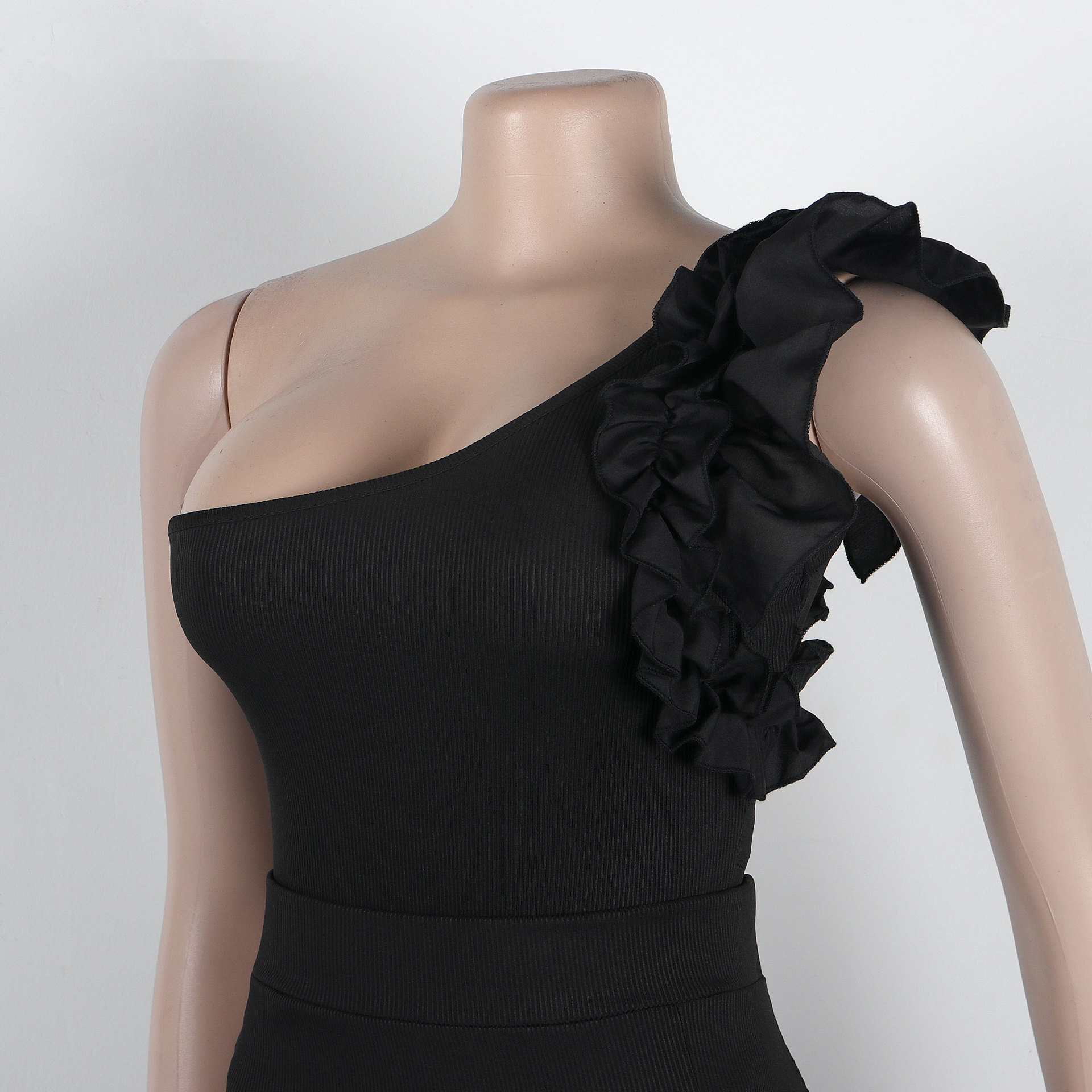 362g Weight Sleeveless Sleeve Length Polyester Fabric Type Skirt Co-ord Set Sets Type 2 Pieces Set Quantity Holiday Occasion One Shoulder Neckline Slim Fit Type Solid Color Pattern Summer Season Women's Gender Frill Design Elegant Style Holiday Women's Elegant Solid Color Polyester Frill Skirt Co-ord Set Skirt Sets 44