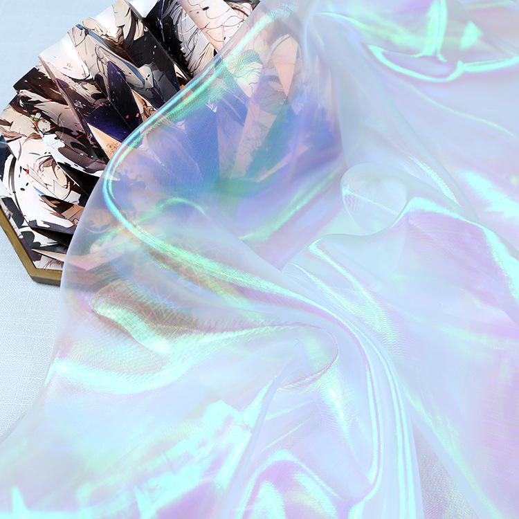 Iridescent Laser Fabric, Glass Yarn, Colorful Fabric, Flat Iridescent Shiny Mesh Yarn, Stage Costume Performance Decoration Tulle Wholesale