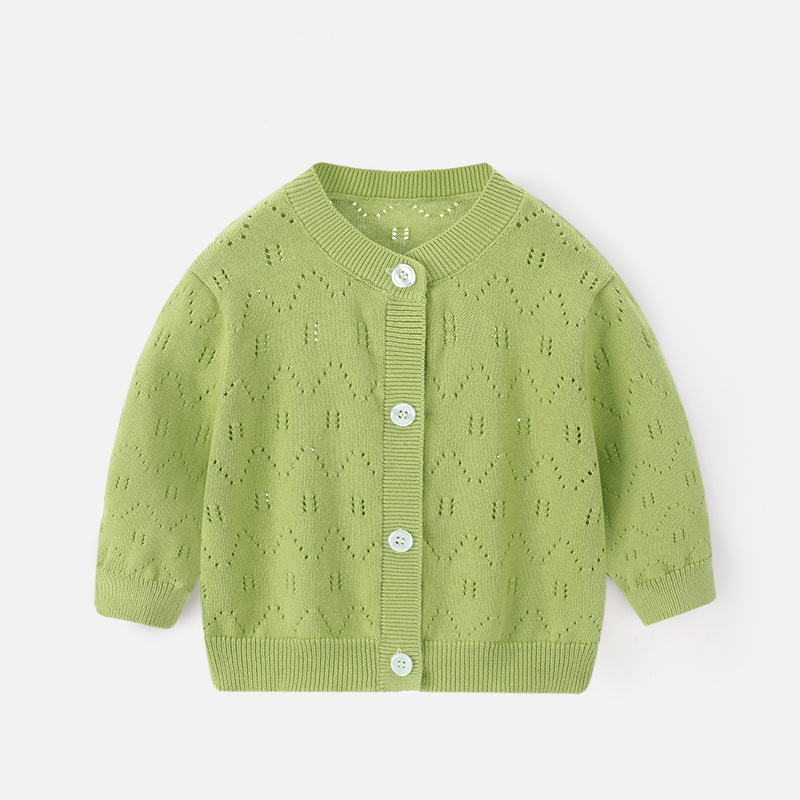 Spring and Summer Baby Thin Knitted Cardigan Air Conditioning Anti-cooling Clothing Class A Cotton Long Sleeve Solid Color Breathable Round Neck Jacket for Young Children