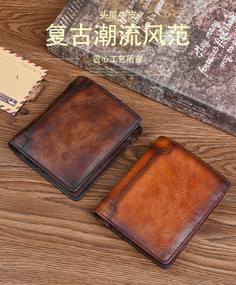 Ví nam gập mini da bò thủ công cổ điển — Màu nâu cổ điển, Cà phê cổ điển chi tiết 2
