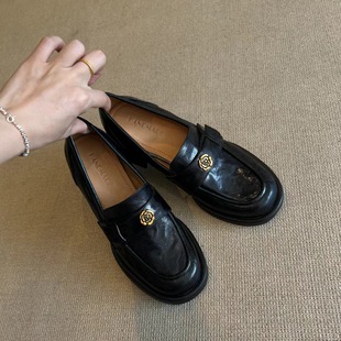 5.5CM French retro camellia round toe thick heel deep mouth loafers 2024 autumn sheepskin comfortable single shoes