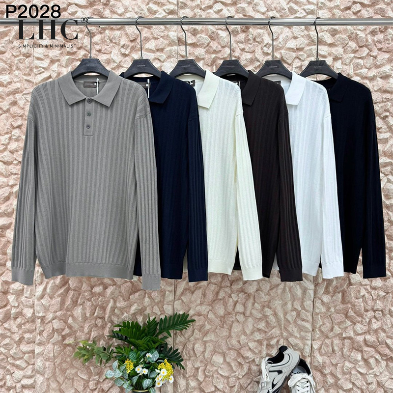 Old Money Style Men's Knitted Polo Shirt, Long Sleeve, Turn-down Collar, Ribbed Sweater, Autumn Casual Outerwear and Inner Layer Top