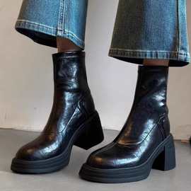 牛皮版~小个子增高6CM短靴女厚底马丁靴高跟靴子秋冬粗跟瘦瘦靴女