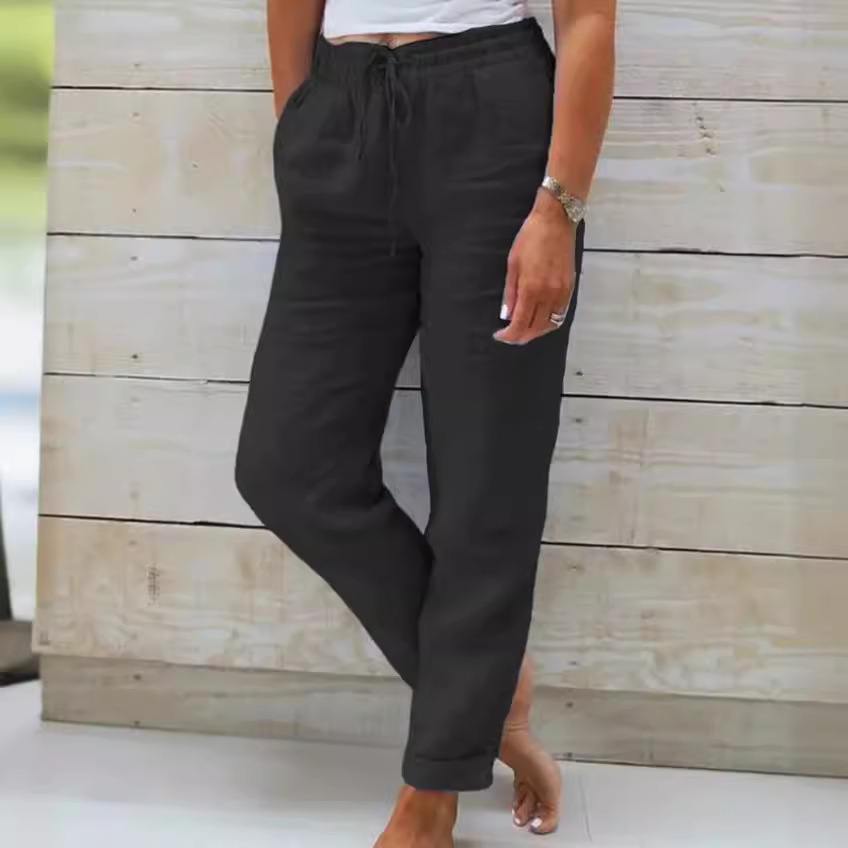 2023 europeo y americano transfronterizo nuevo comercio exterior Amazon deseo de cintura alta de las mujeres cintura elástica color sólido algodón y lino pantalones Casuales