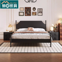 法式复古实木床黑色现代简约1.5m双人床简美风1.8m中古风储物婚床