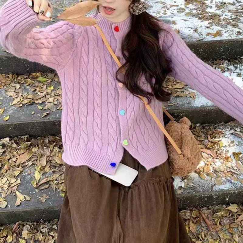 彩虹扣毛衣外套女韩版甜美学院风外搭秋冬季宽松软糯女式针织开衫|undefined