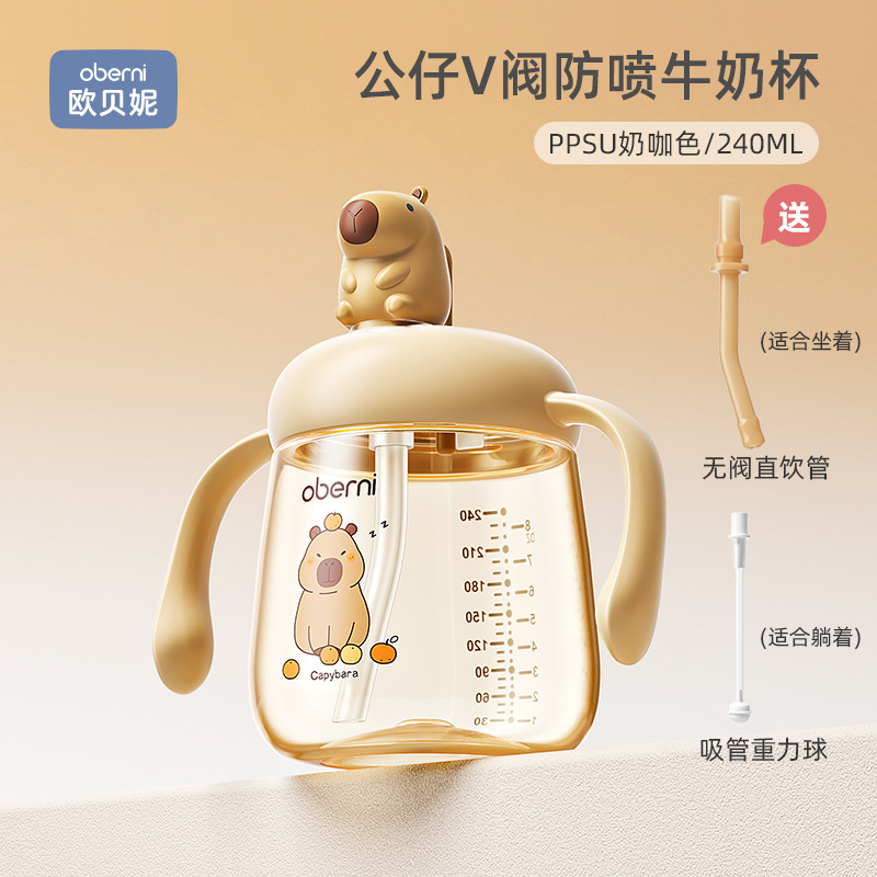 Auburnie boca ultra ancha PPSU Capibara anti-spray V-valve taza de leche para bebés taza de agua para niños taza de paja