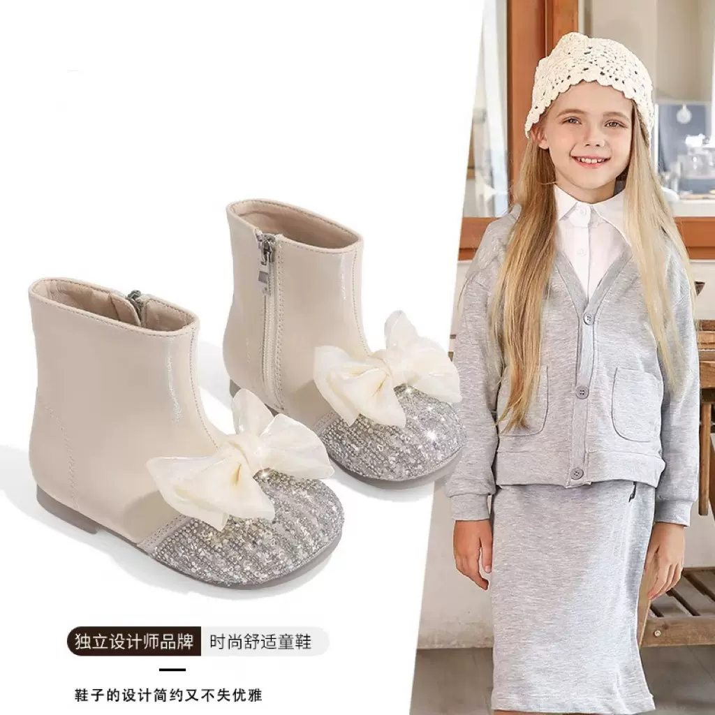 Canyze 女童短靴2024冬季新款儿童皮靴韩版加厚公主靴加绒棉靴