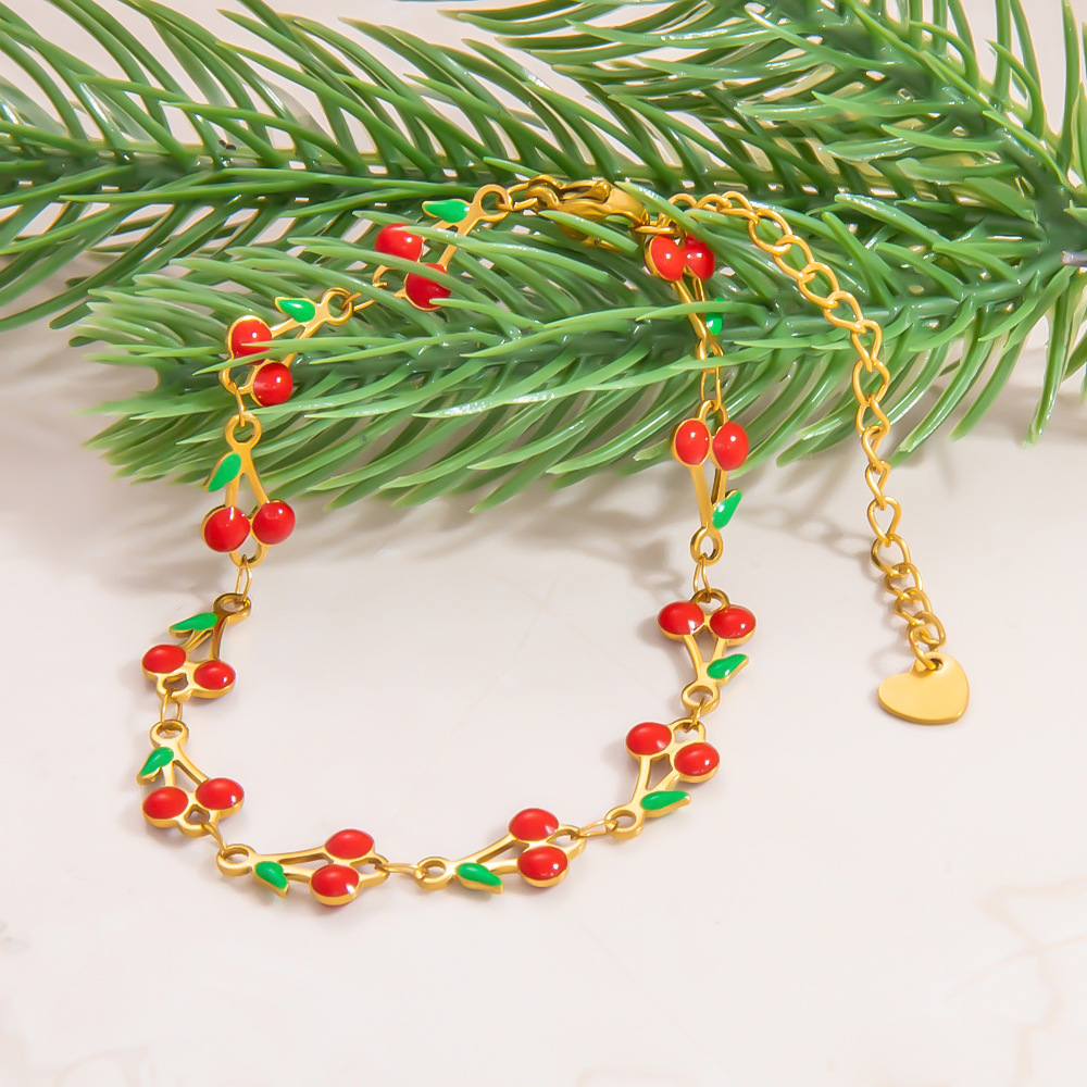 Cherry Pattern All Seasons Season PVD Coated Real Gold Plated 18K Gold Cherry 304 Stainless Steel Sweet Waterproof Non Tarnish 304 Stainless Steel Lobster Trigger Clasp Closure Bracelets