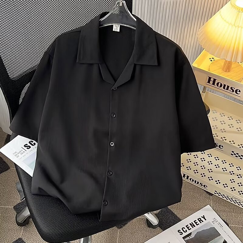 ForMen High-End Draped Ice Silk Shirt For Men, Short Sleeve Loose Fit American Cuban Collar Shirt, Summer Trendy Cool Couple's_voghion.com